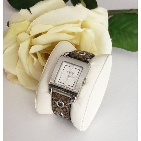 Vtg Coach Tank Watch Swiss Quartz Stainless Water Resistant Signature “C” Band - Picture 1 of 16